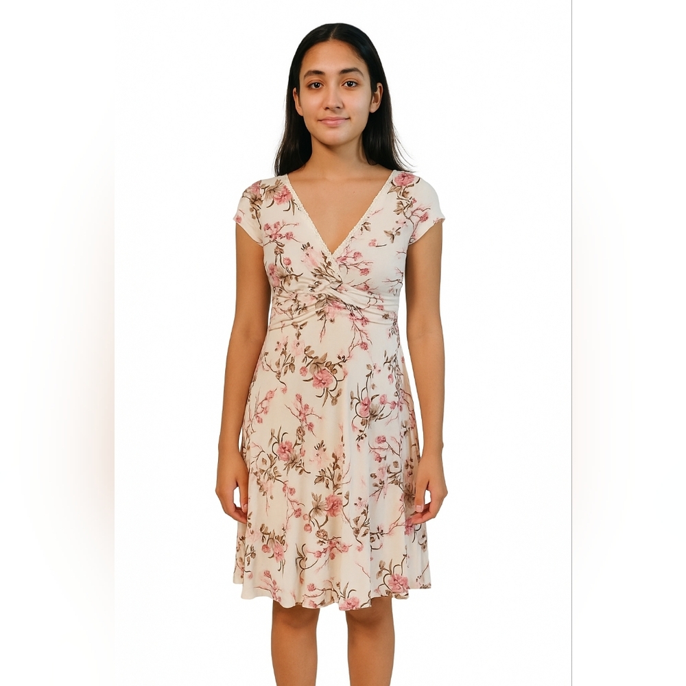 Vintage B.Moss Y2k Babydoll Floral Lace‎ Neckline Tie Waist Dress Fairycore Md